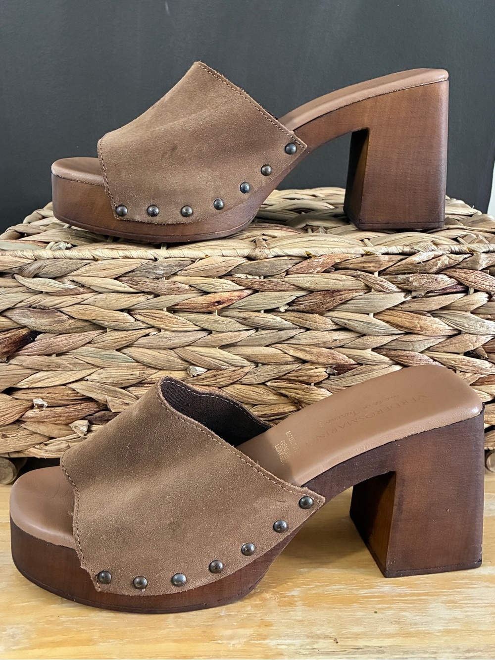 Verderosmarino Made in Tuscany Suede Platform Clog Mules Brown Size 39